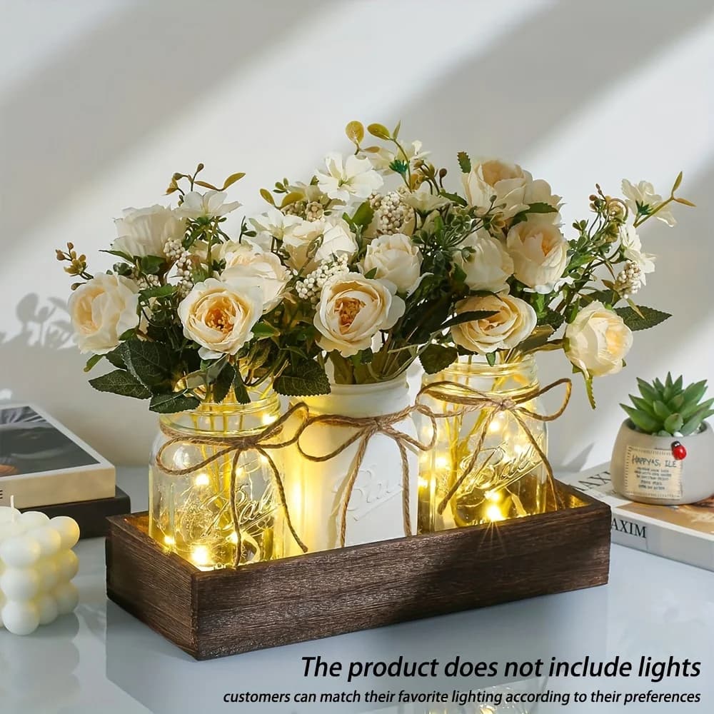Decorazioni da tavola Mason Jar da 3 pezzi con vassoio in legno e 3 rose artificiali, decorazioni floreali artificiali, senza filo luminoso