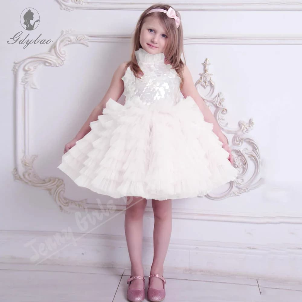 Abito da ragazza di fiore a strati con paillettes a collo alto Abito da festa di compleanno per bambini soffice per occasioni formali di spettacolo Personalizza