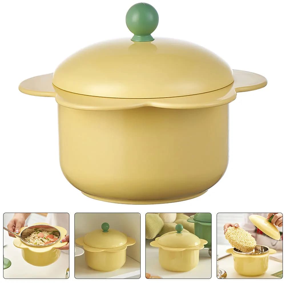 Ciotola per noodle Ramen isolata in acciaio inossidabile Doppio manico a forma di fiore Anti-scottatura Grande ciotola per zuppa Lunch Box con coperchio
