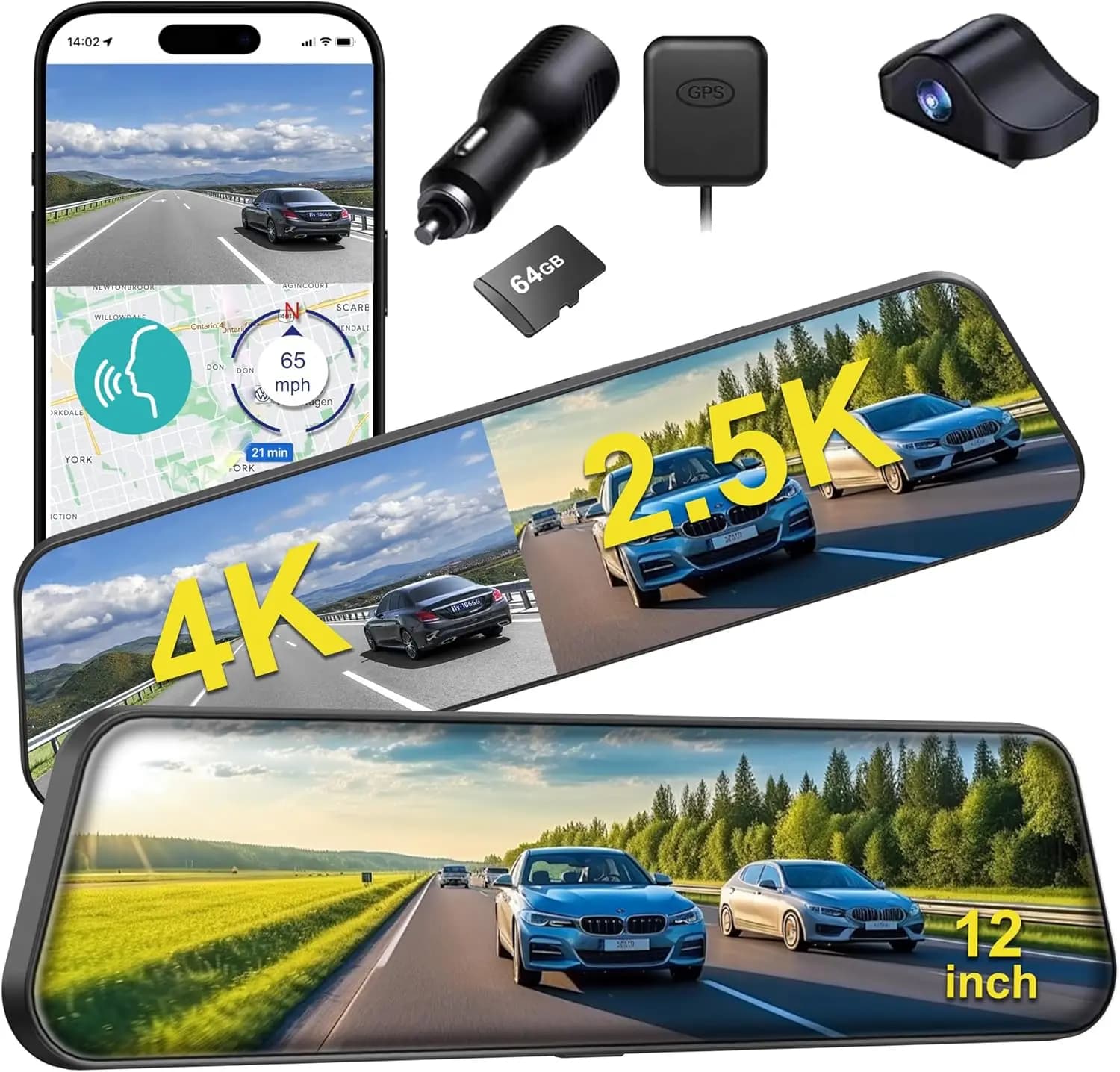 Telecamera per Specchietto Retrovisore 12'' 4K, Dash Cam Doppia 4K+2.5K, ADAS BSD, Visione Notturna, Monitoraggio Parcheggio, Scheda 64GB e GPS