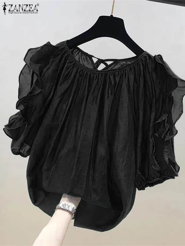 ZANZEA Camicetta con spalle scoperte alla moda Camicetta da donna con volant a mezza manica Top Chic Cinghie posteriori Tunica a pieghe Camicie larghe casual estive