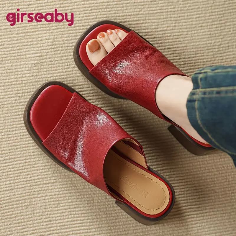 Girseaby Luxury Sheepskin Women Sandals Open Toe Block Heels 6cm Slip On Mules Genuine Leather Soft Leisure Daily Female Shoes