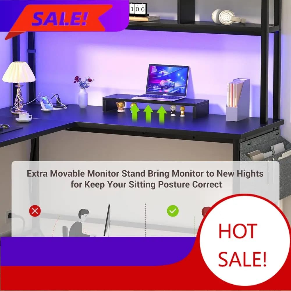 L desk for two people with power socket, LED light, storage shelf and monitor support, black