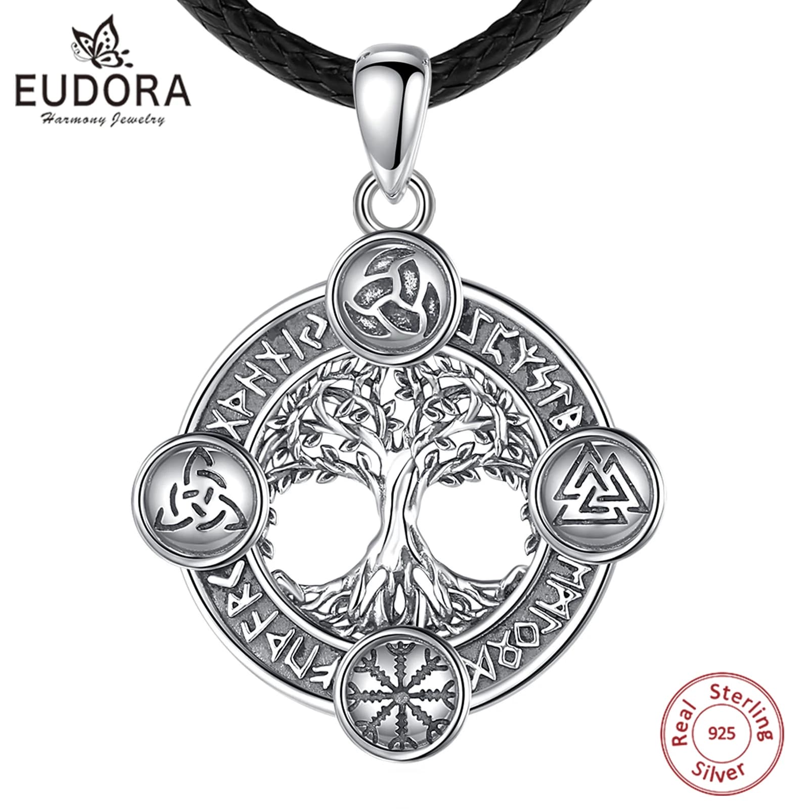 Eudora 925 Sterling Silver Tree of Life Necklace Norse runes Hexe Celtic Knoten Yggdrasil Amulett Pendant Man Viking Jewelry