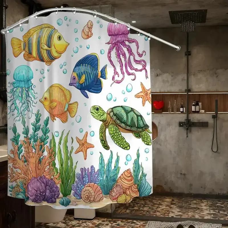 Tenda da doccia Ocean Explorer – Pesci, meduse e tartarughe, 12 ganci, 70,87×70,87 pollici, decorazione per il bagno adatta ai bambini