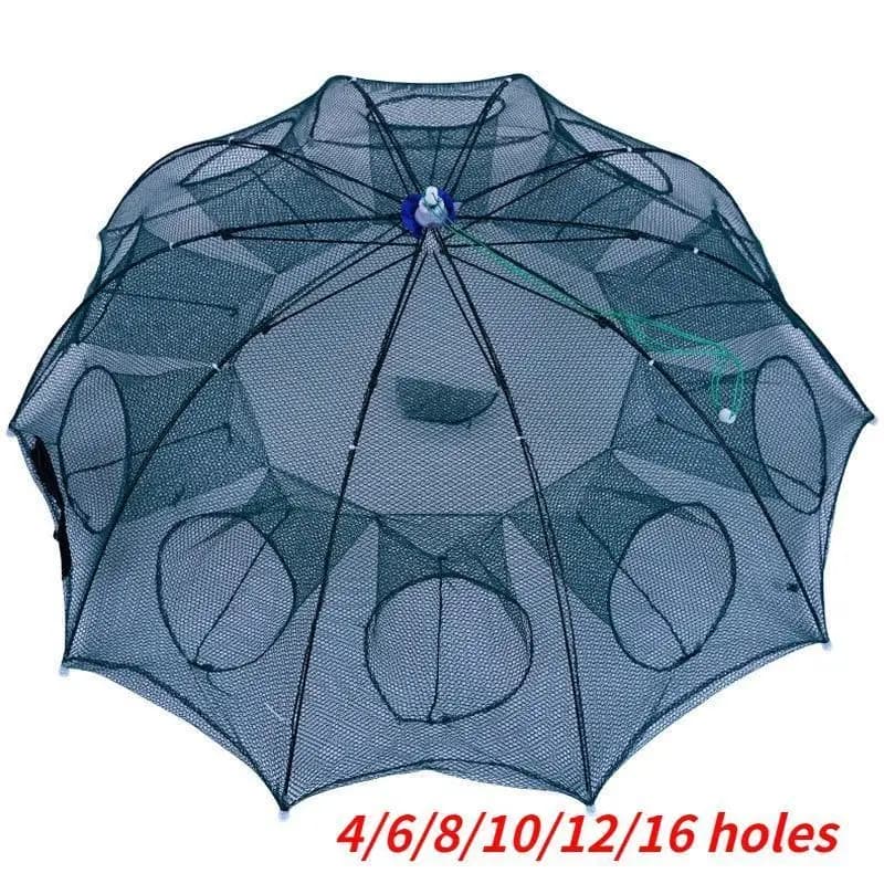 Hot 4-16 Fori Rinforzato Rete Da Pesca Gamberetti Gabbia Pieghevole In Nylon Automatico Ombrello Forma Trappola Per Pesci Cast Pieghevole guadino