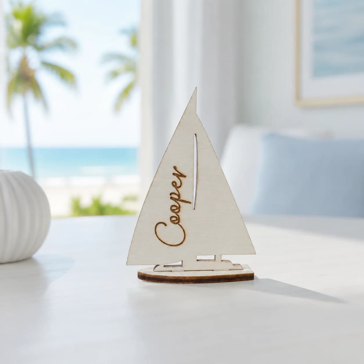 Custom Sailboat Shaped Wooden Name Plaque Nautical, Freestanding Tabletop Decor, Coastal Boys Nursery Ornament, Baby Shower Gift