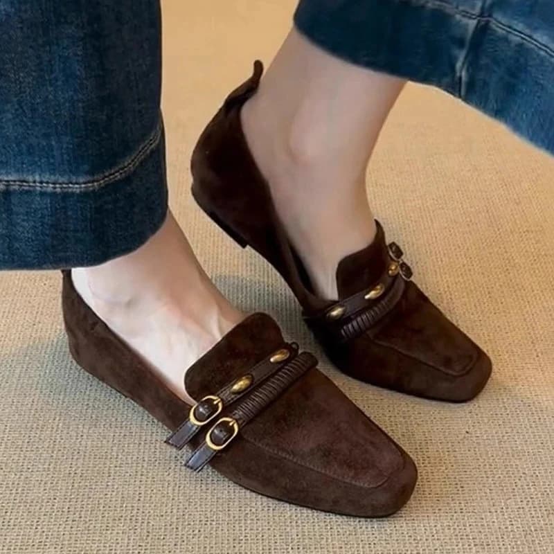 Metal Decoration Retro Loafers Women Suede Belt Buckle Square Toe Casual Shoes Comfort British Style Brand Flat Shoes Women