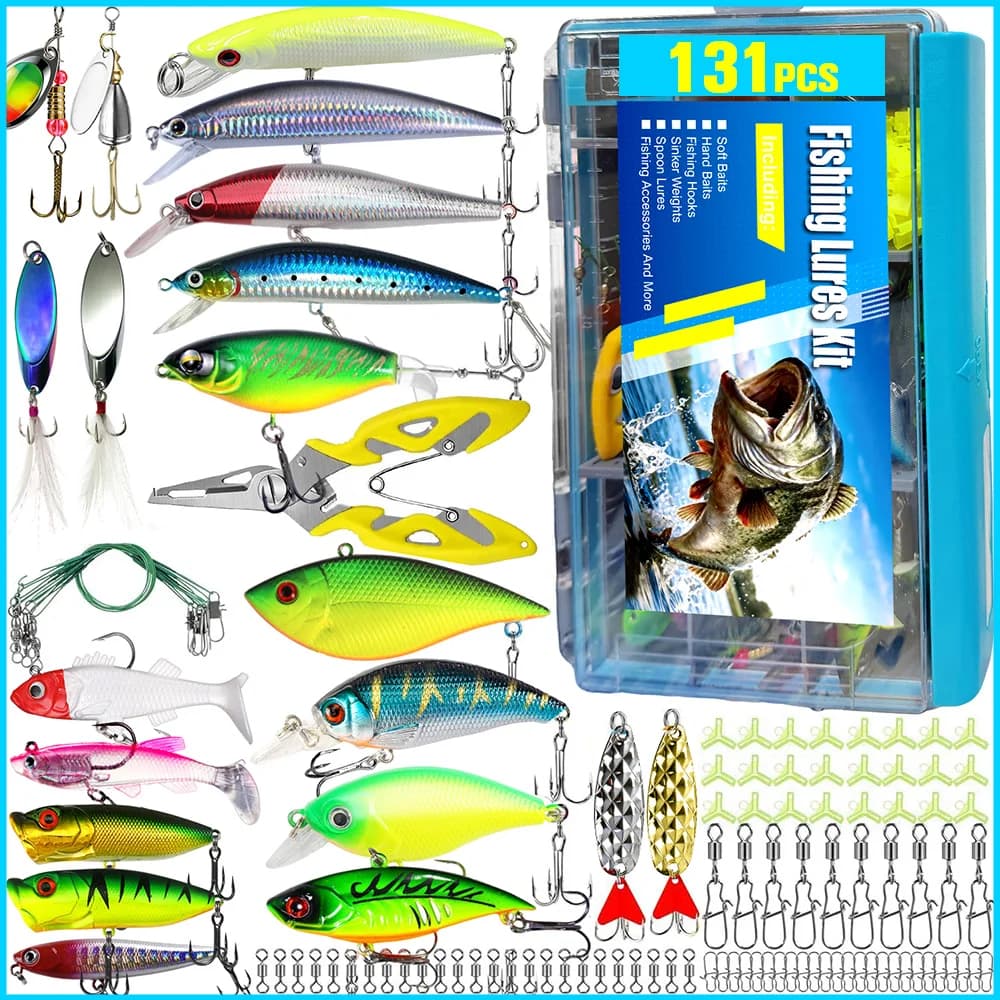 Fishing bait kit Thornsline 131 Pieces with Box Tools, Pinze, Minnow, Crankbait, Spinner, Cucchiai, Ami, Pesi per Bass, Trota e Acque Dolci