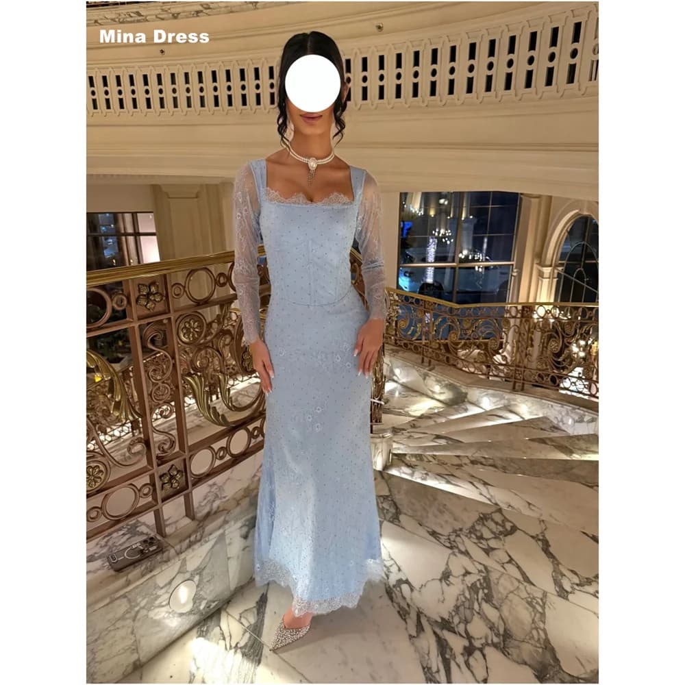 Mina Custom Blue Luxury Women's Elegant Party Dress with Lace Embroidery, Long Sleeve, Square Neck Evening Gown, Brand Prom Dres