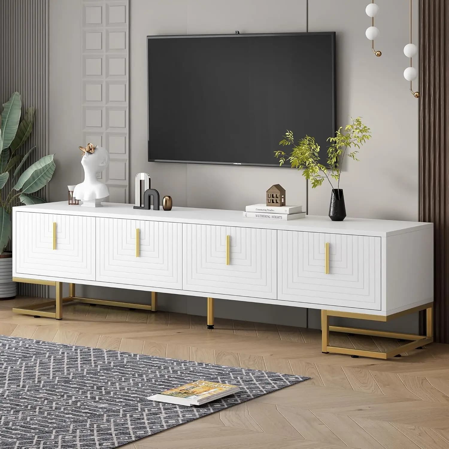 Mobile TV Moderno con Gambe in Metallo, Maniglie Dorate, Console Multimediale, Ripiani Regolabili, per Soggiorno, Bianco, Personalizzabile