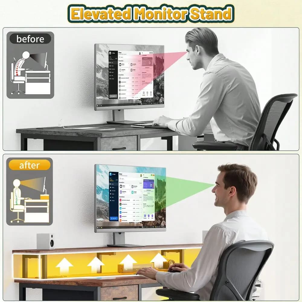 Scrivania per Computer da 55 Pollici con Ripiano per Monitor e Luci LED, Scrivania per Ufficio Domestico con Presa di Corrente, Scrivania da Gaming con Cassetto e Spazio per Stampante