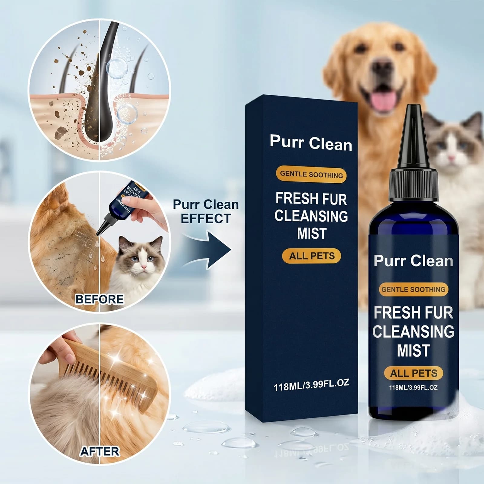 Shampoo Senz'Acqua per Cani, Gocce Detergenti per Pelo di Animali Domestici, Essenza per Toelettatura Gatti, Lavaggio Senza Risciacquo, per Pelo Morbido e Luminoso, Uso Quotidiano, Strumento per la Pulizia degli Animali Domestici