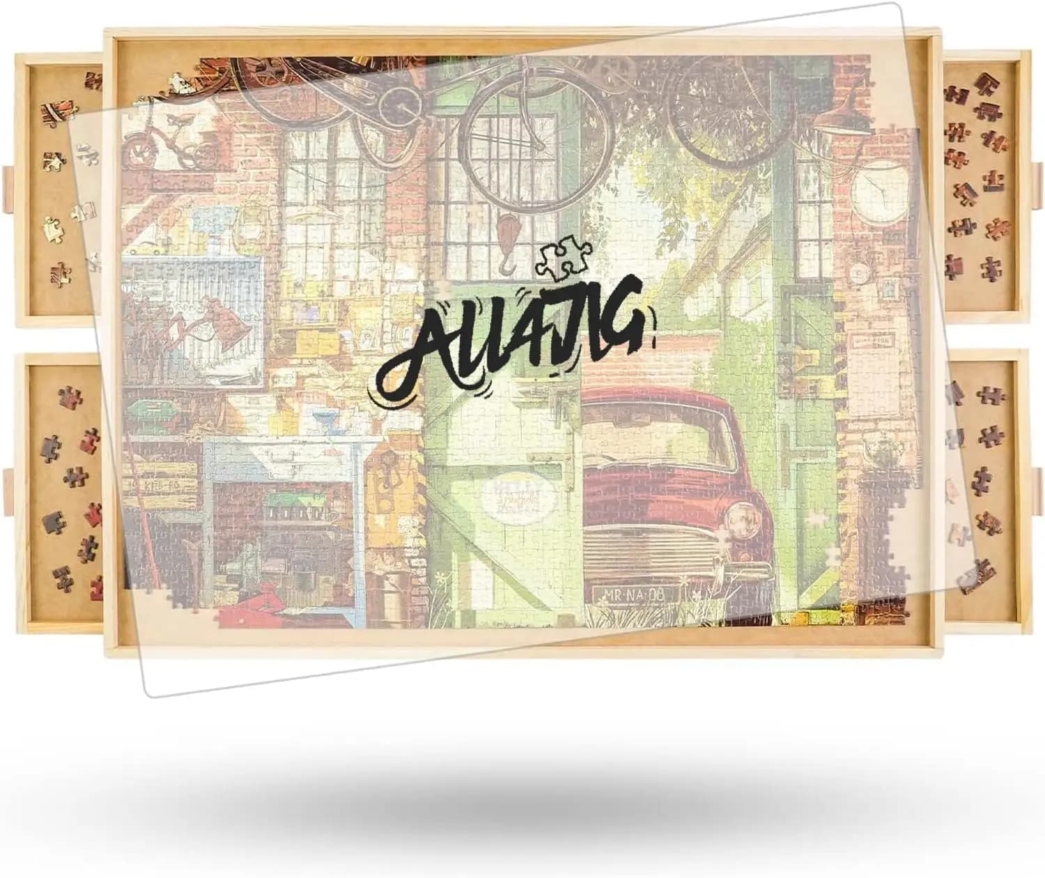 Tavolo Girevole per Puzzle da 1500 Pezzi con 4 Cassetti e Coperchio, Tavolo Portatile in Legno per Puzzle per Adulti