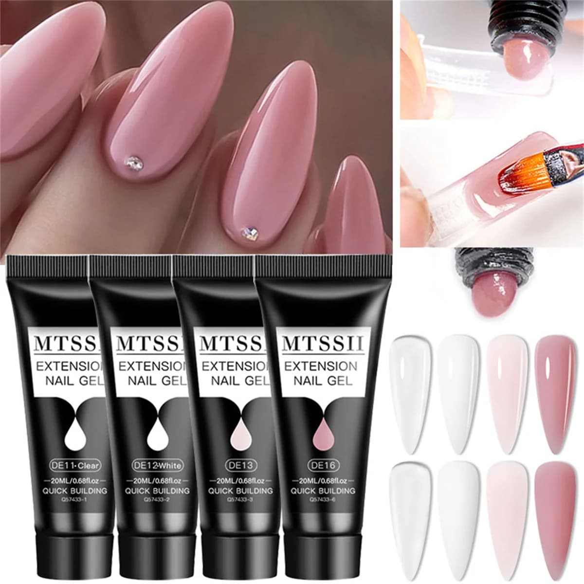 Set di Gel per Estensione Unghie 4/6/8 Pezzi 20ml, Gel Semipermanente Duro Acrilico Cristallo Bianco Trasparente Nude, Gel UV per Costruzione Unghie