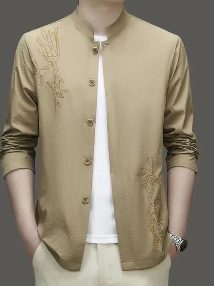 Giacca estiva ultrasottile in seta ghiaccio da uomo, traspirante, con protezione solare, colletto alla coreana, stile cinese, abbigliamento esterno alla moda giovanile
