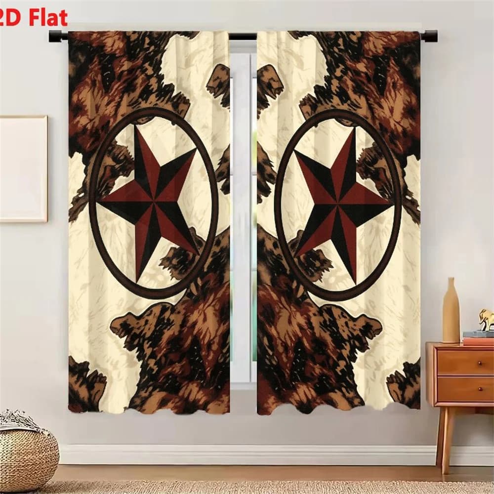 2Pcs Curtains 2D Flat Symmetrical Kaleidoscopic Design With Red Black Stars In Circular Borders And Organic Brown Tan Black Repe