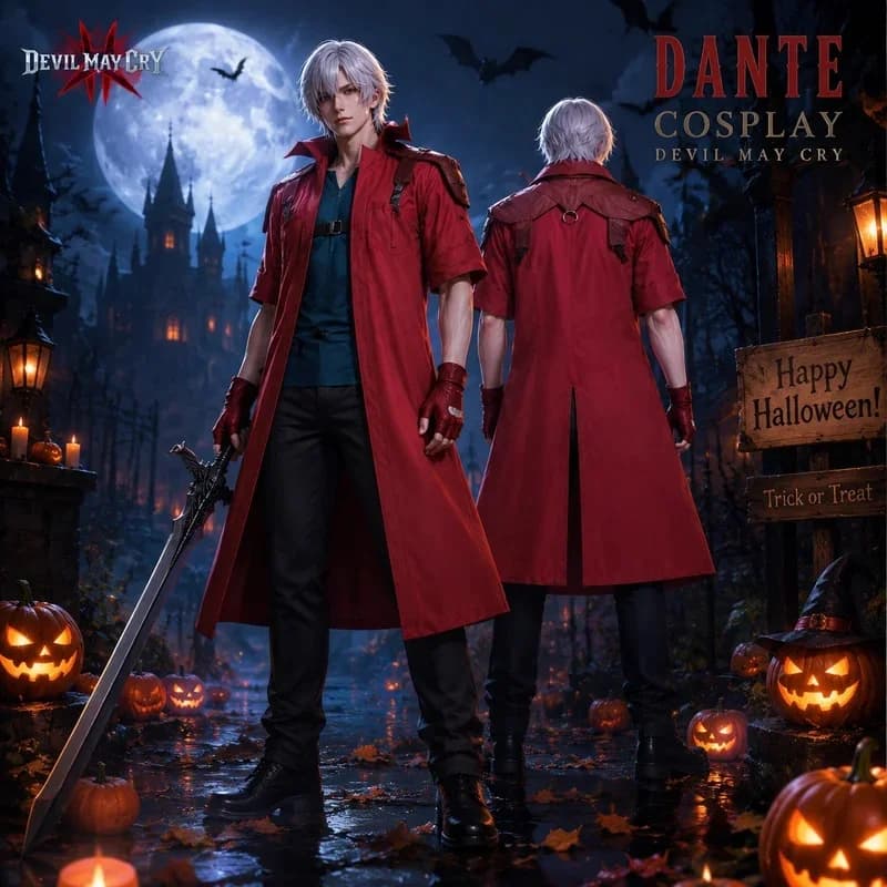 A;3\v,7'd/DMC5 Devil May Cry Dante Cosplay Adult Men Game Halloween Costume Long Wind Coat Gloves Roleplay Carw;4'v,6\h/
