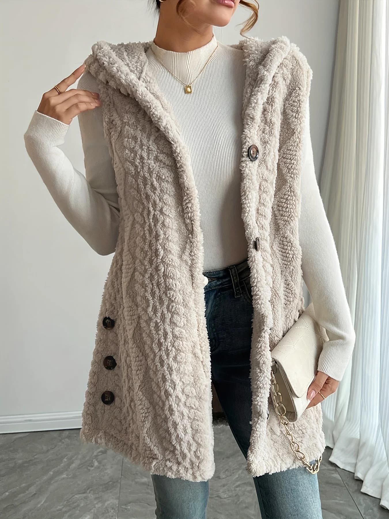 Women's Pure Wool Knit Hooded Sleeveless Cardigan