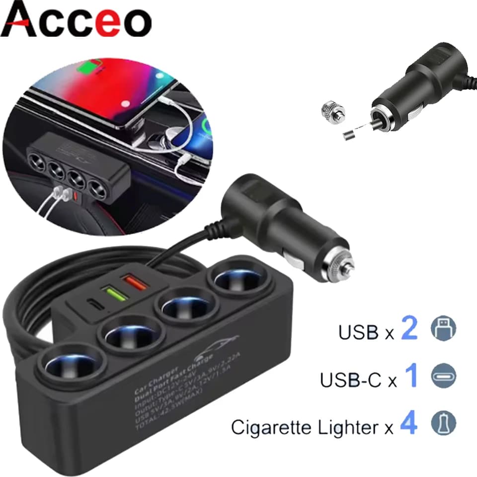 4-Hole Car Cigarette Lighter Charger 120W/12V USB PD Fast Charging Power Adapter Multifunctional Car Charging Socket for Travel