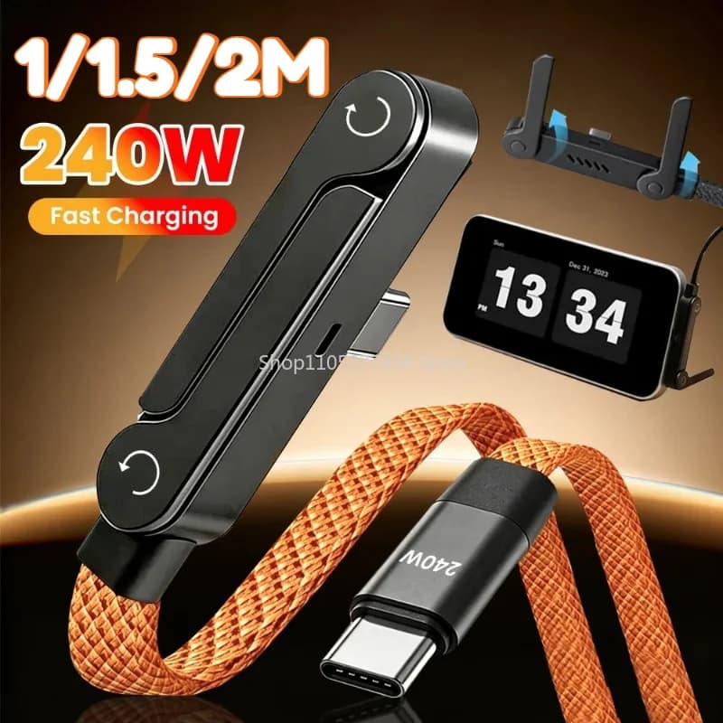 240W 2-in-1 Type C to USB C Fast Charging Data Cable Foldable Phone Holder Type C Fast Charging Cable For iPhone 17 Black/Orange
