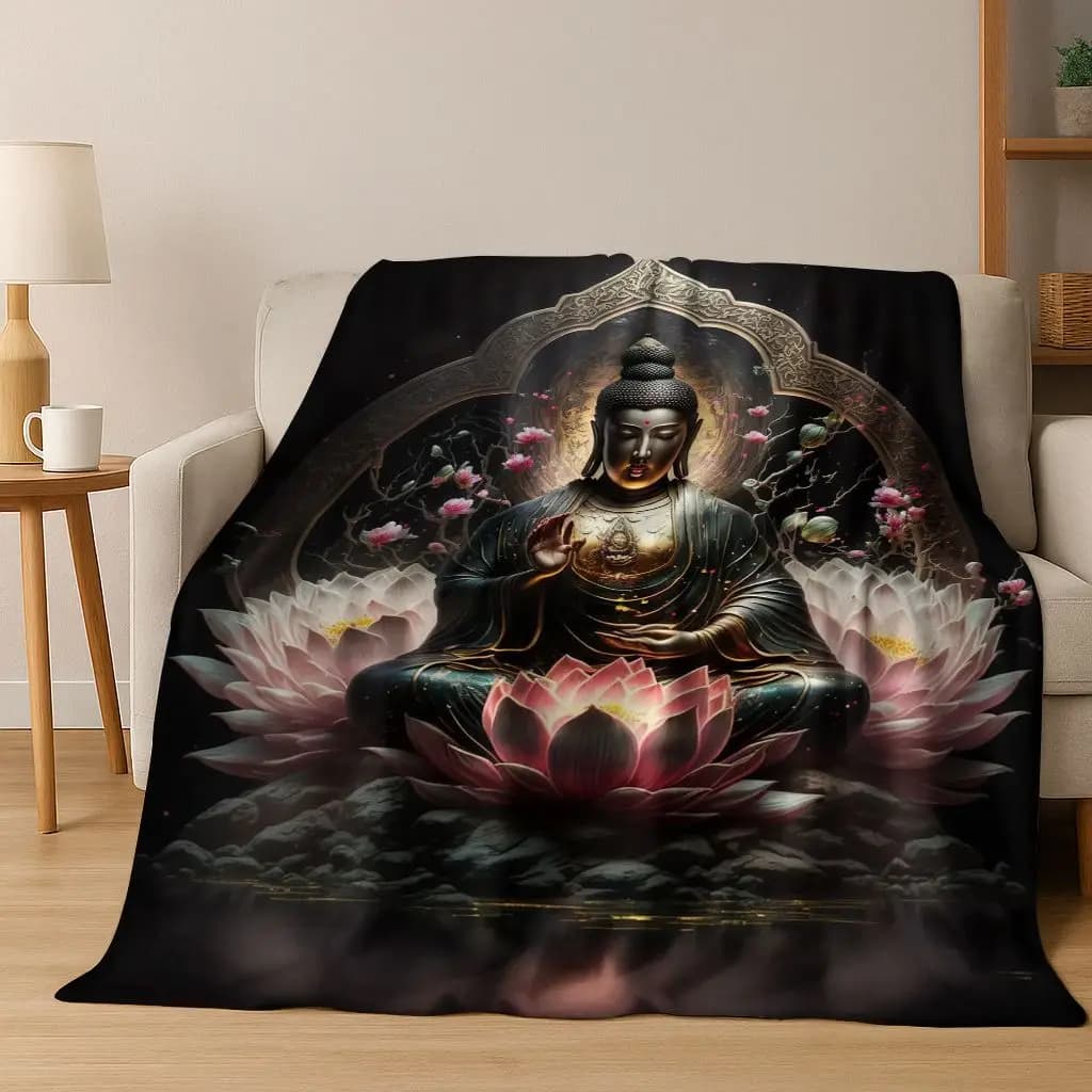 Coperta in flanella con fiori di fede solene Buddha Sakyamuni, coperta morbida e accogliente per la casa, camera da letto, divano letto, copertura da picnic, regalo per bambini