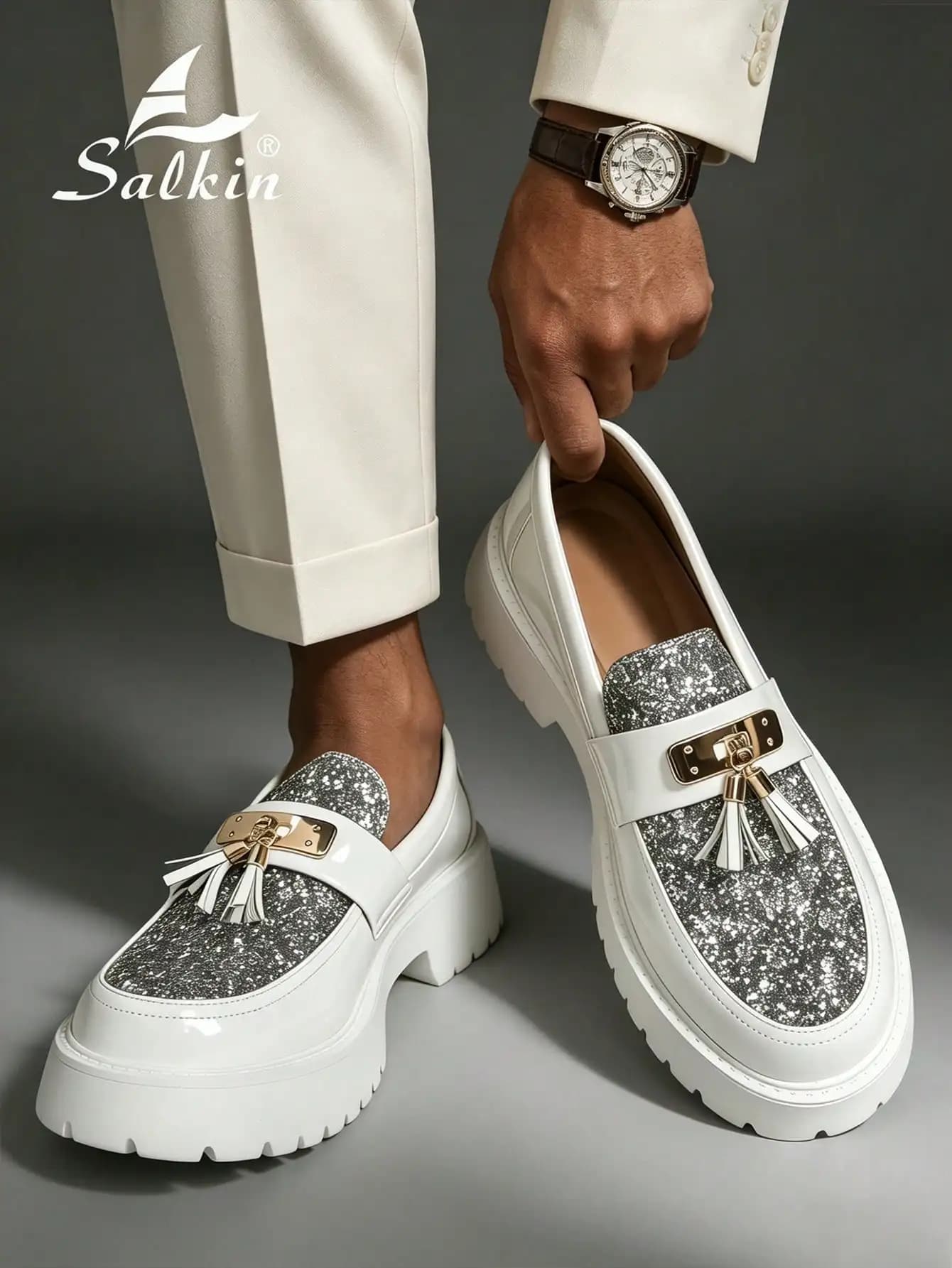 Salkin New Fashion Designer Men's Slip-On Loafers, Soft & Comfortable Leather Upper, Non-Slip Sole, Lightweight Casual Shoes. Platform Dress Shoes For Business, Party, Wedding, Suitable For Spring, Summer, Autumn. Please Order One Size Up.