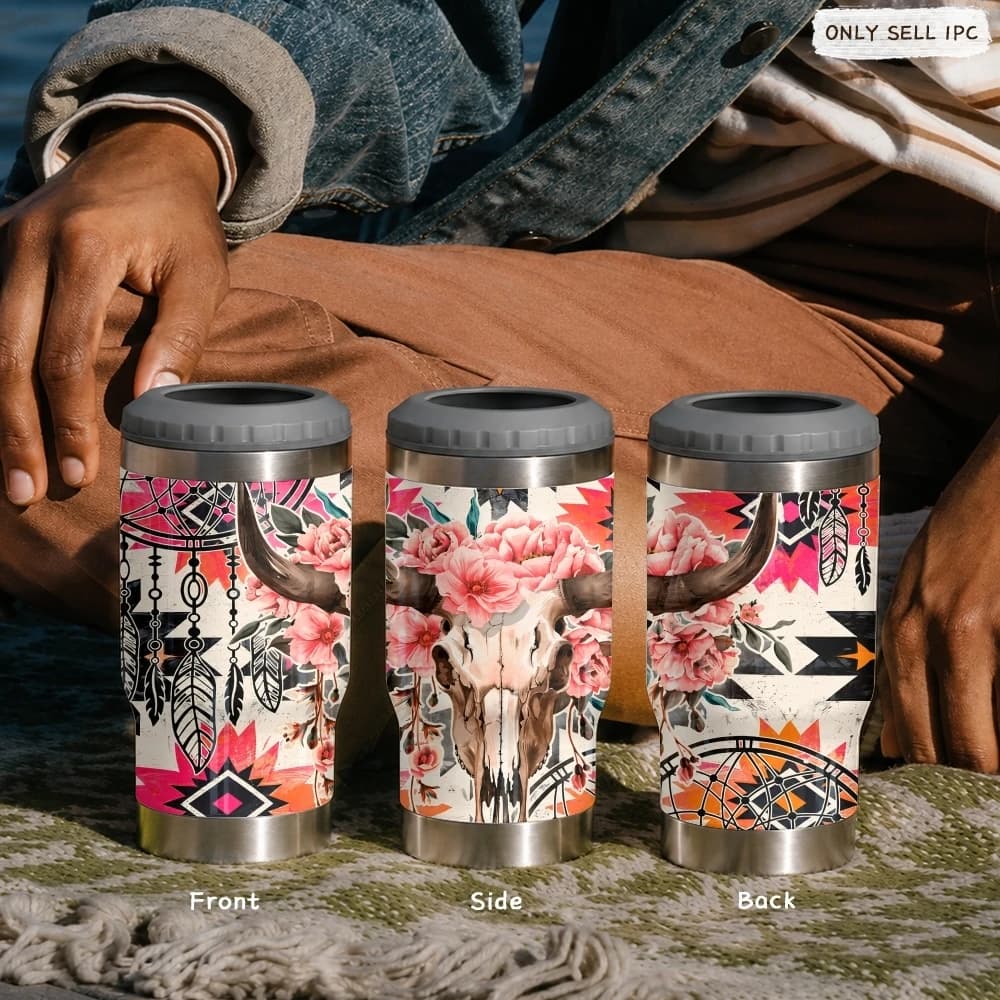 Dreamcatcher Boho Flower Vacuum Flasks 4-in-1 Stainless Steel Can Cooler Insulated Beer Soda Coffee Holder Dual Lids Fits 12oz