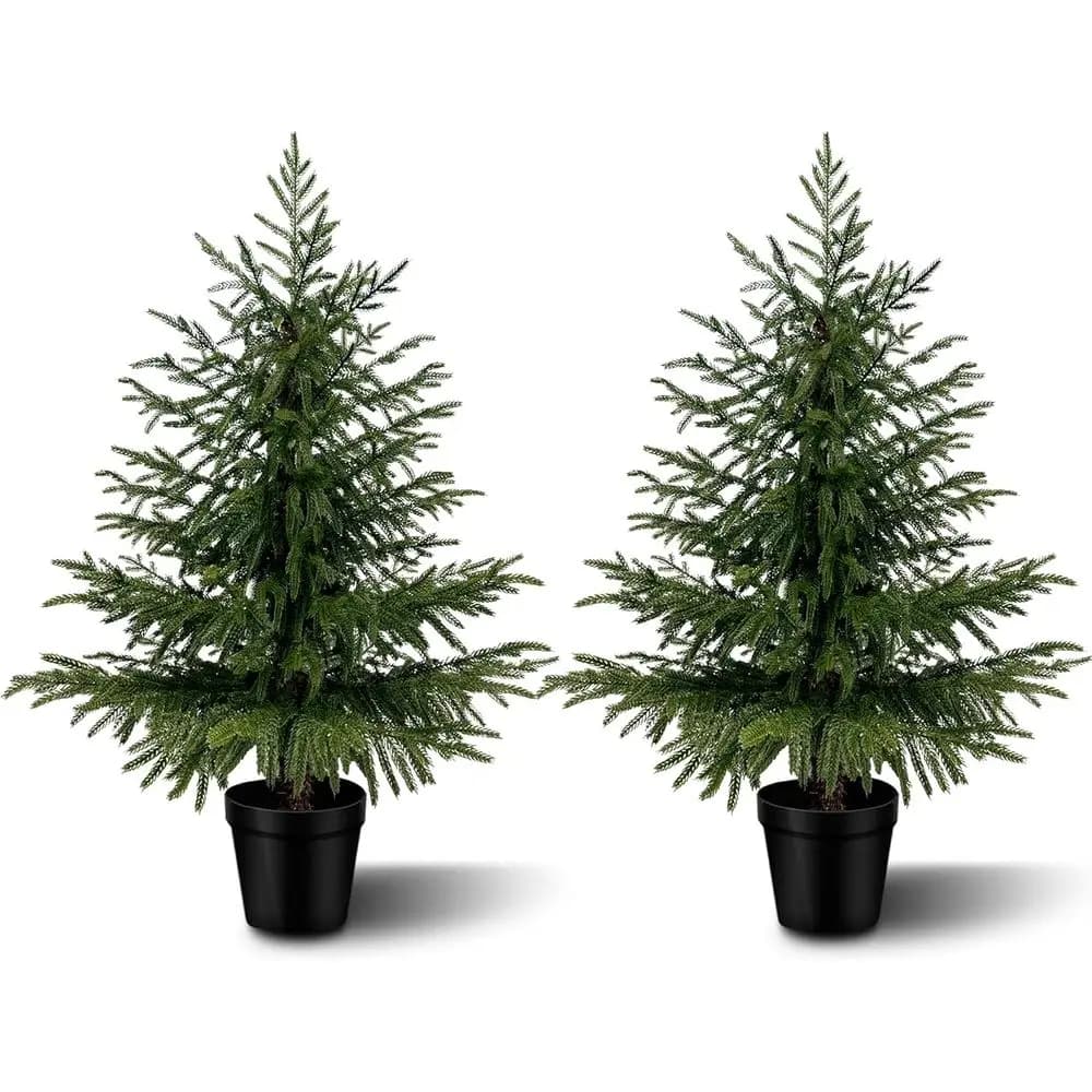 Set di 2 Piante Artificiali Topiaria con Effetto Realistico, Piante Sempreverdi da Interno/Esterno in Vasi Neri per Arredamento Casa o Ufficio