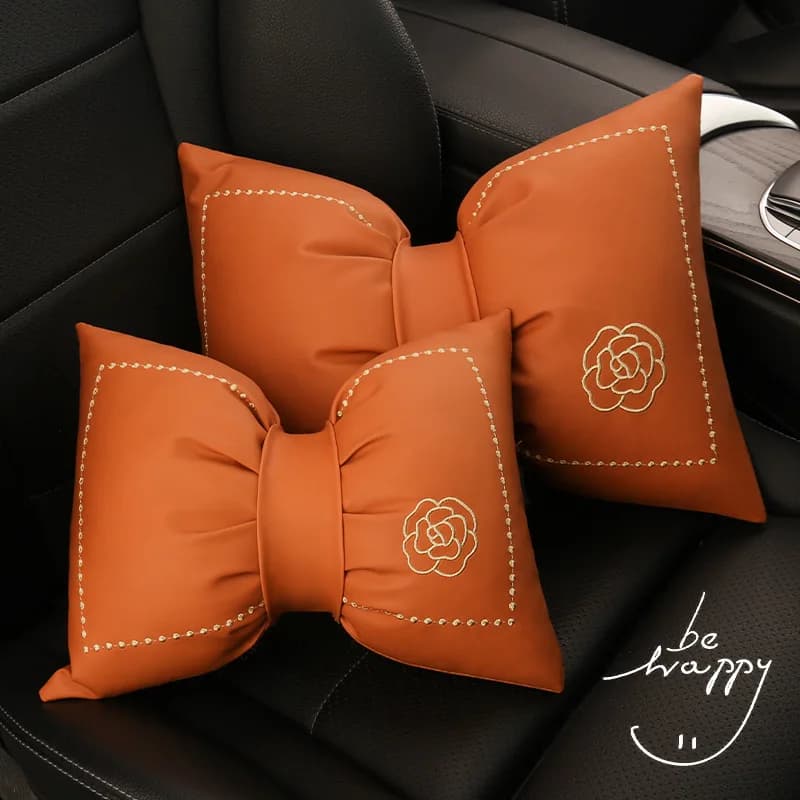 Leather Bow Car Headrest Pillow Neck & Lumbar Support Cushion Adjustable Soft Car Seat Belt Cushions