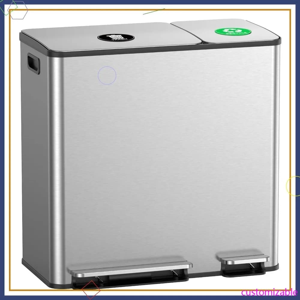 Bidone per la Raccolta Differenziata a Doppio Scomparto 13+6 Galloni in Acciaio Inox con Coperchio a Chiusura Morbida e Adesivi Magnetici