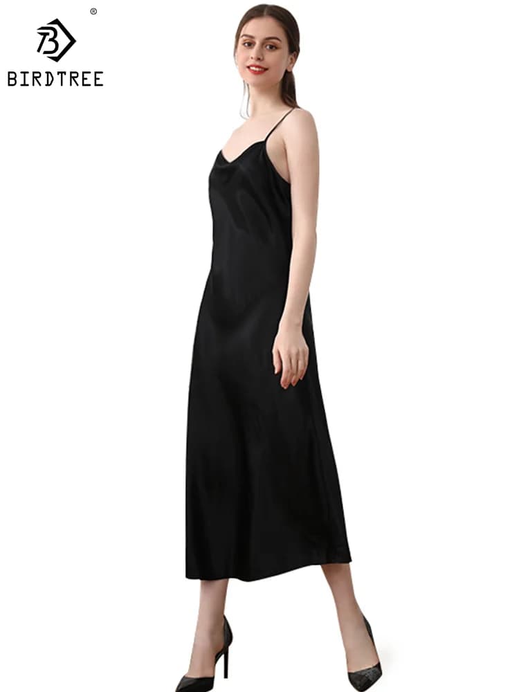 Birdtree 19MM 100%Real Silk Sexy Long Nightgown Women Pajamas Homewear Sleep Spaghetti Strap Dress 2024 Spring Summer P3D053QM