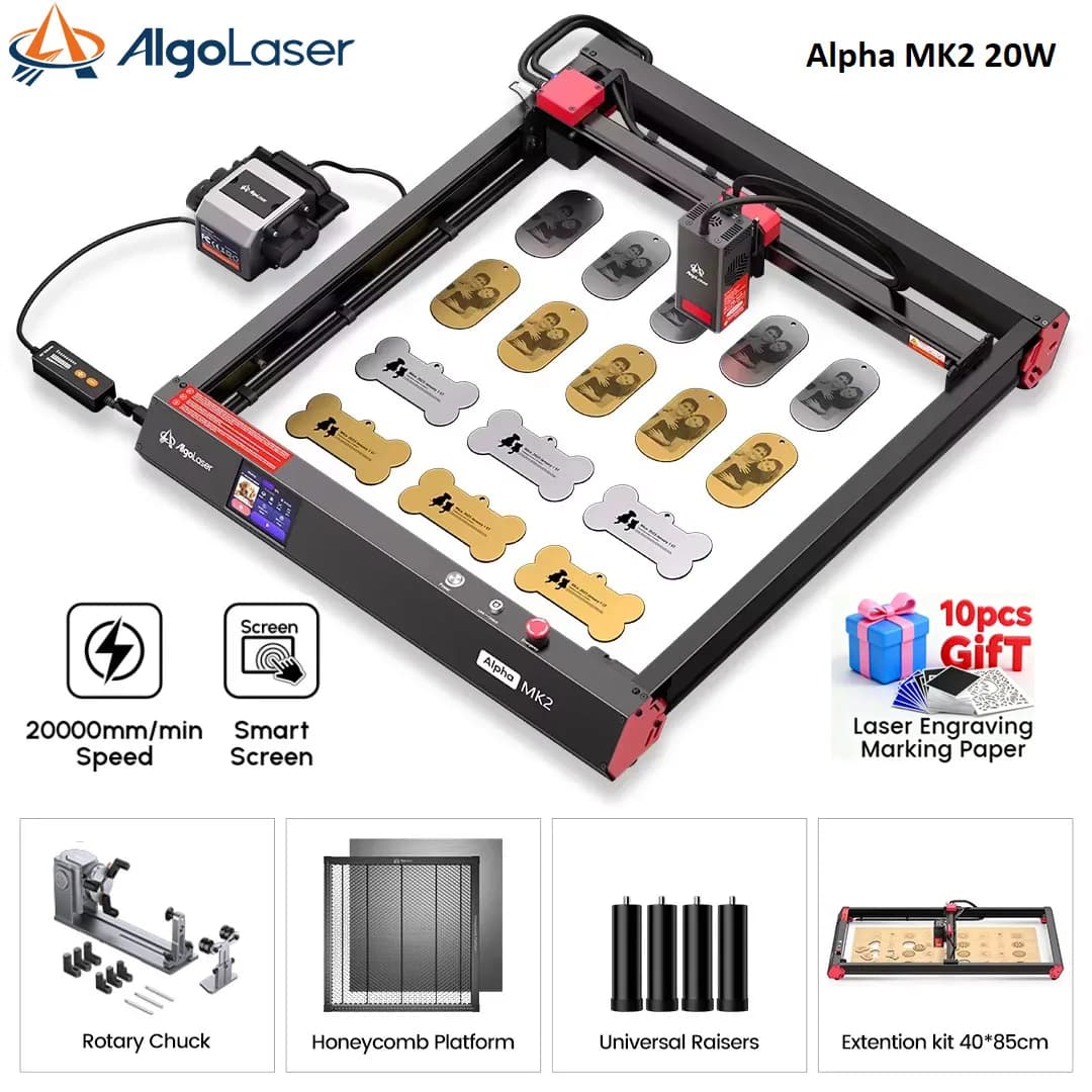 Macchina per incisione laser AlgoLaser Alpha MK2 20W con pompa ad aria per acciaio inossidabile, vetro e fai da te, ad alta precisione e per uso professionale.