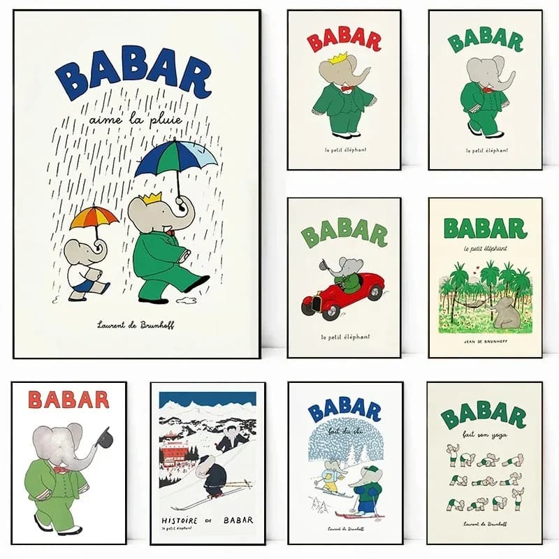 Elephant Babar France Fairy Tales Poster Canvas Printing Wall Art Picture for Kids Room Nursery Decor