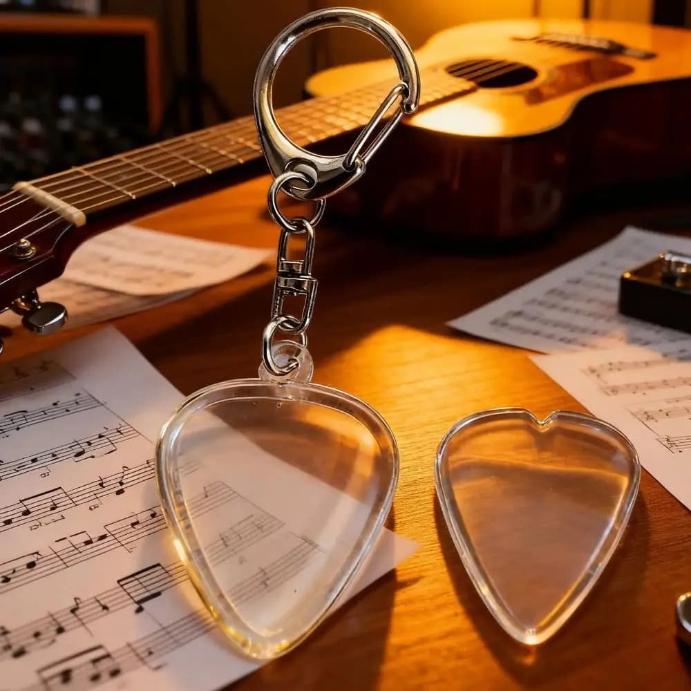 Durevole porta plettro per chitarra trasparente, scatola portaoggetti per plettro in acrilico a forma di cuore con portachiavi, organizer per plettro per chitarra