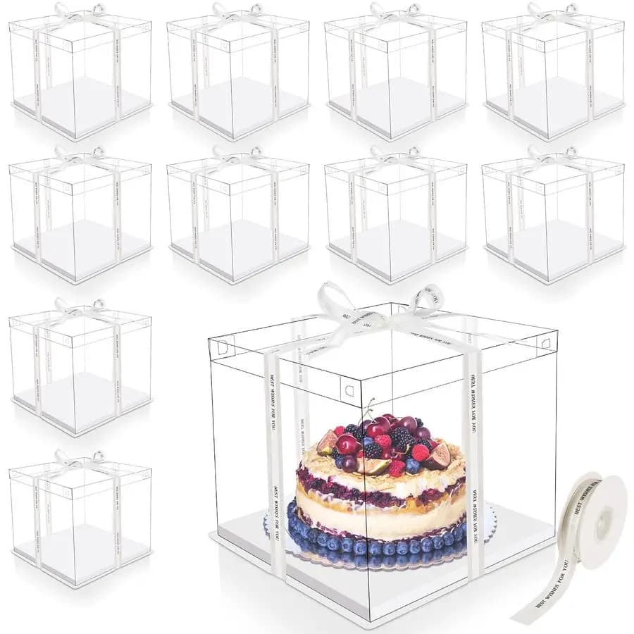 Scatole per torta alte trasparenti da 10 pezzi 12 x 12 x 10 Scatole per torta grandi trasparenti con nastro Porta torta Contenitore per torta nuziale in PET