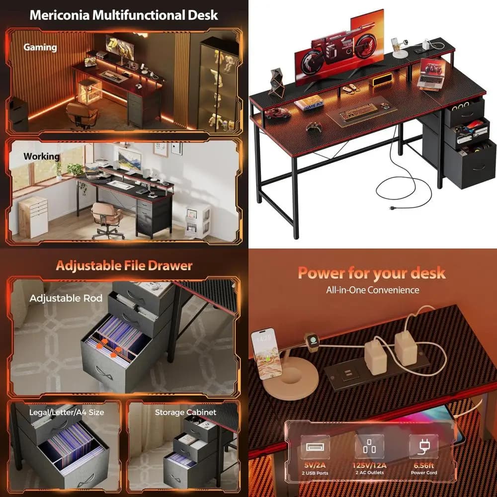 Scrivania 55 con prese di corrente, luci LED, adatta per gaming o ufficio domestico, scrivania compatta con supporto per monitor per piccoli spazi, Ca