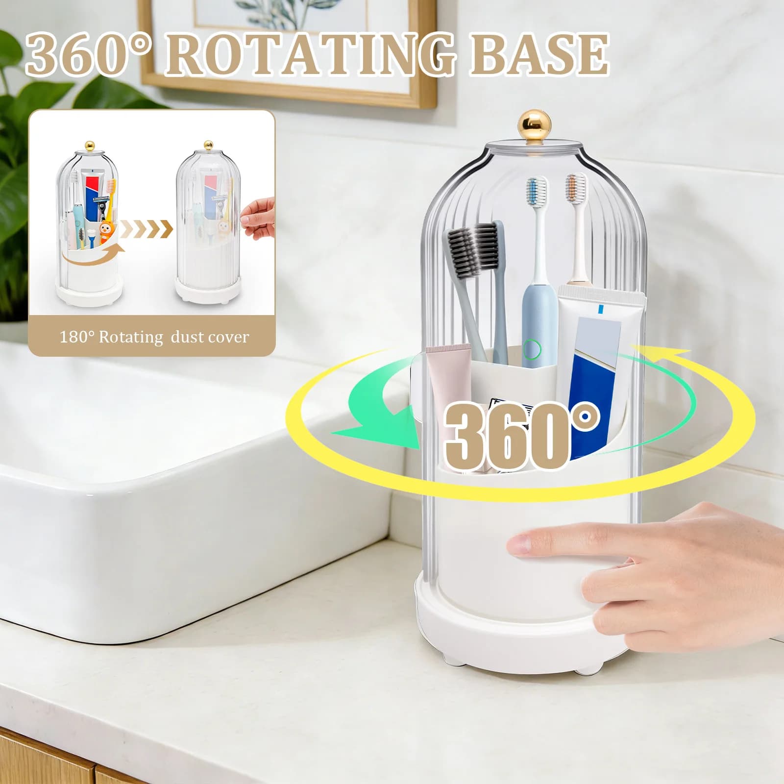 Portaspazzolini con Coperchio Scorrevole, Organizzatore Girevole per Spazzolini Elettrici, Portaspazzolini a 3 Scomparti per il Bagno