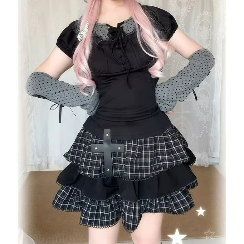 Japanese Dark Gothic Lolita 2 Piece Set Women Vintage Lace-ups Short Sleeve T-shirt Top High Waist Plaid Cake Skirt Y2k Outfits