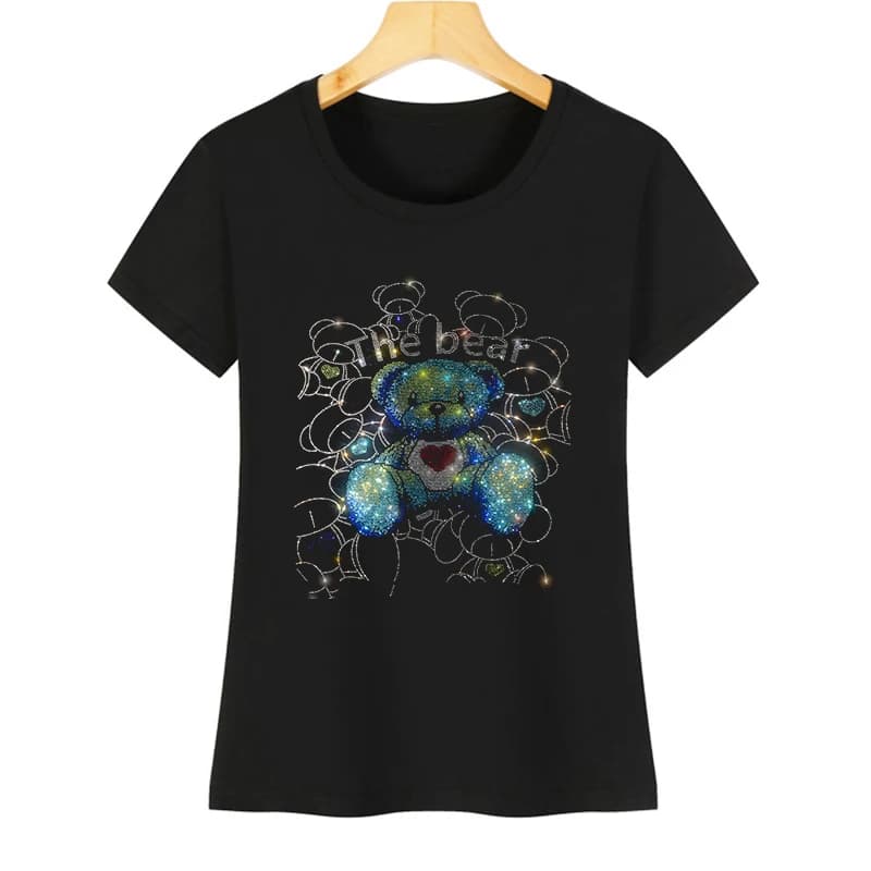 Fashion female T-shirt hot short-sleeved t-shirt exquisite small blue bear diamond kawaii female shirt high quality tops