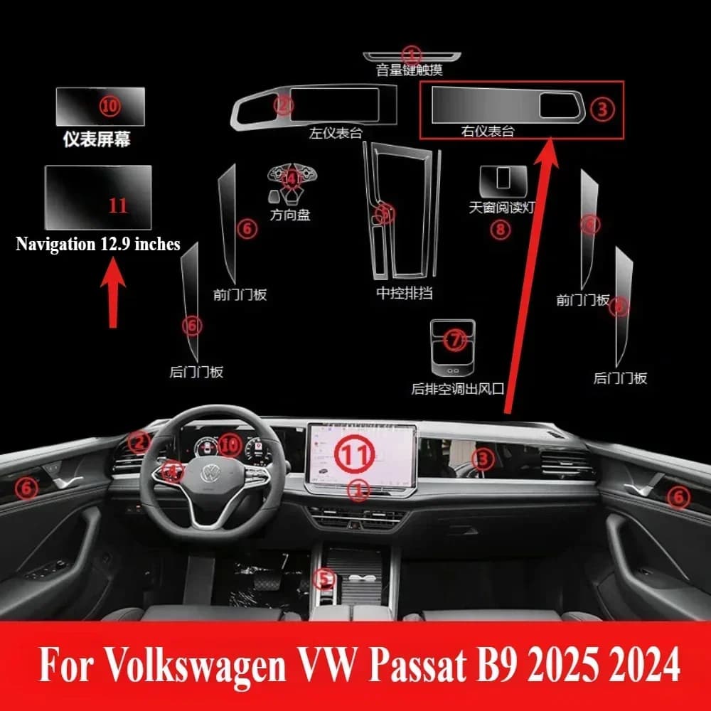 Pellicola protettiva per VW Passat B9 2025 2024 PPF Accessori Interni TPU trasparente Pannello ingranaggi di navigazione Adesivo console centrale
