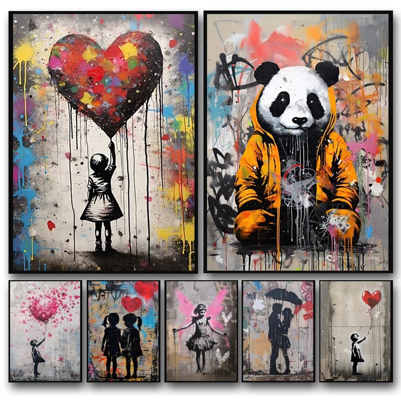 Poster e Stampe di Banksy con Ragazzo e Ragazza con Palloncino su Diamante, Arte Pop Street Graffiti per Decorazione Soggiorno e Casa