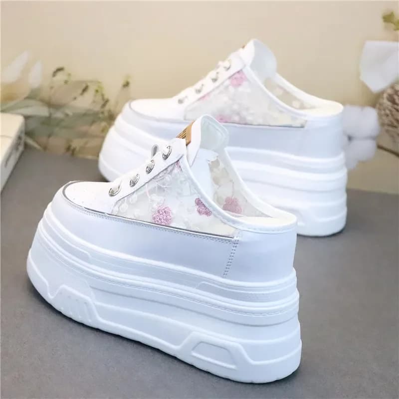 High Heeled Women's Sandals with Breathable Mesh, Embroidery Thick Sole and Round Toe for Summer designer sandals