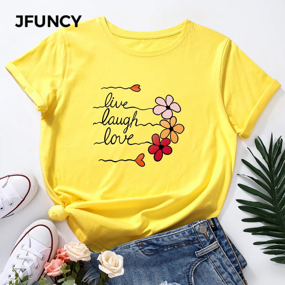 JFUNCY maglietta in cotone da donna Cute Love Flowers stampa T-Shirt larghe manica corta donna Casual T-Shirt estiva da donna