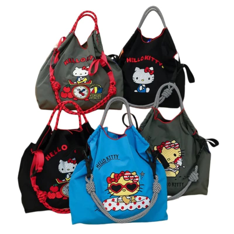 Borsa a Tracolla Pieghevole Grande in Tela con Ricamo Giapponese Gatto KITTY, Ecologica, con Cordino, per Pendolari, Regalo per Ragazze