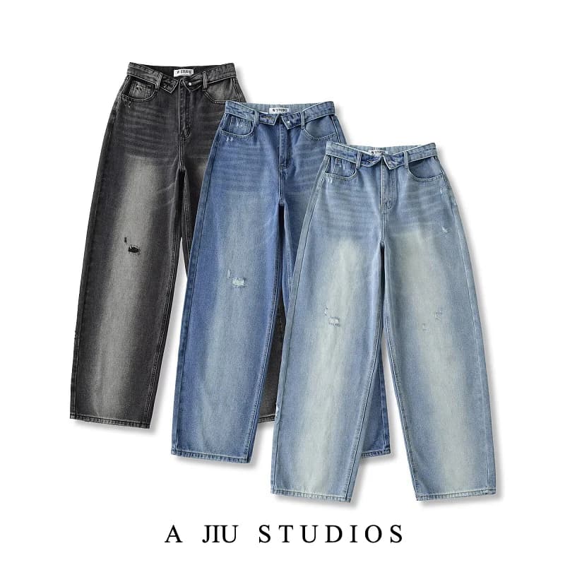 American Retro Cuffed High Waist Slimming Casual Denim Jeans Women's Autumn Versatile Loose Straight Leg Floor-Length Pants