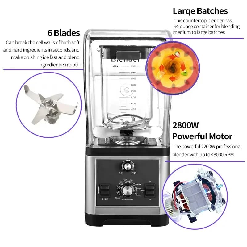 Frullatore Professionale ad Alta Potenza per Verdure e Vitamine, 2000 Watt, Frullatori Commerciali