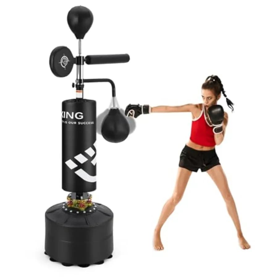 Home gym punching bag stand: steel frame, black finish, 5-in-1 versatility with adjustable height, 360 rotating react bar, hitt
