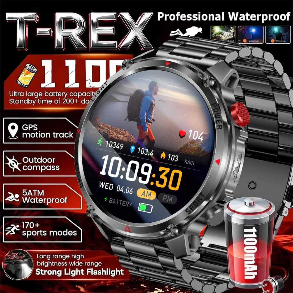 Smartwatch Militare per Sport all'Aperto Edizione 2026, Schermo AMOLED da 1,7 Pollici, Batteria da 1100 mAh, Torcia LED, Chiamate Bluetooth, Impermeabile