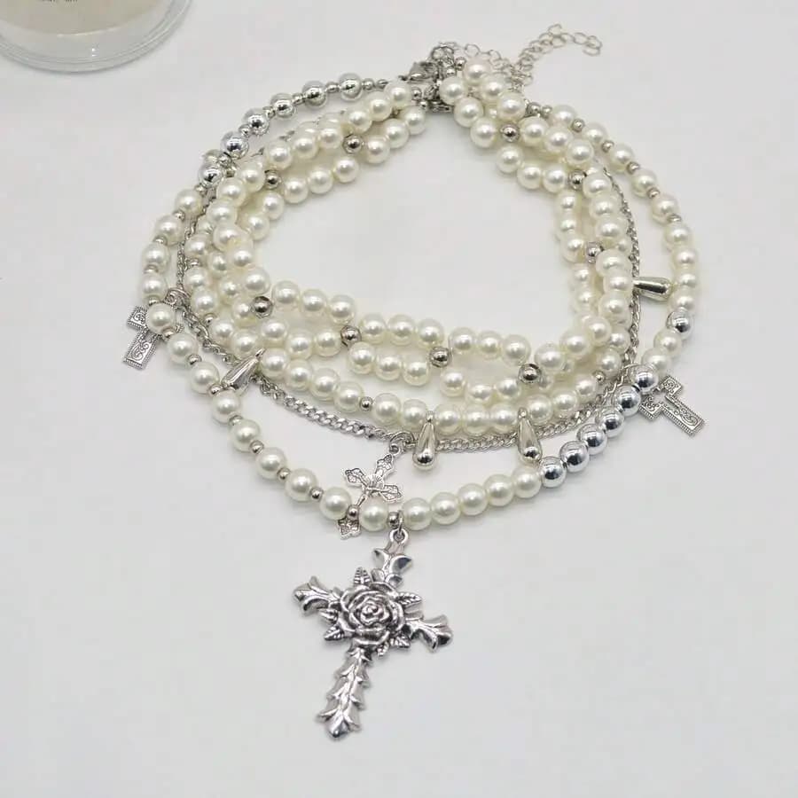 Multi-Layer Pearl Choker With Cross Pendant, Heavy-Duty Design, High-End Style, Versatile Collarbone Necklace